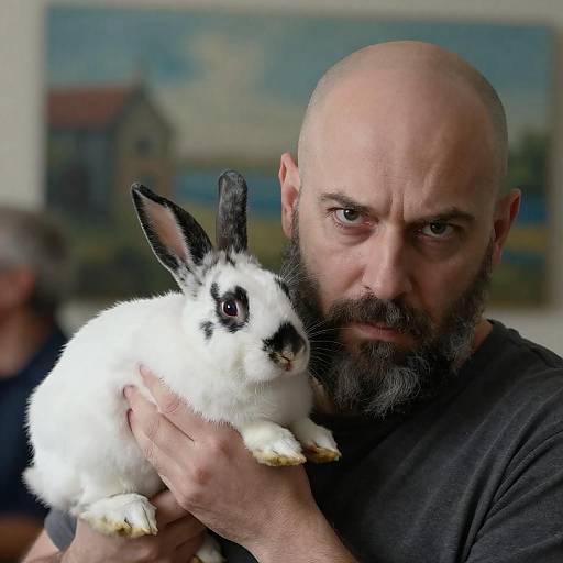 Intense Bald Man with Rabbit Portrait