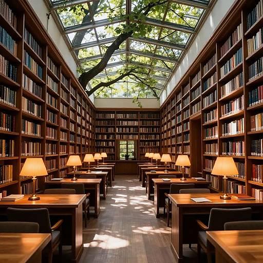 Photograph of a sunlit, wooden library with tall bookshelves on both sides, wooden desks, lamps, and chairs, featuring a large tree
