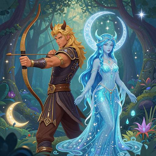 Digital fantasy artwork: muscular blonde demon archer with black armor, drawing bow beside ethereal blue demoness in glowing dress, moon halo, enchanted forest