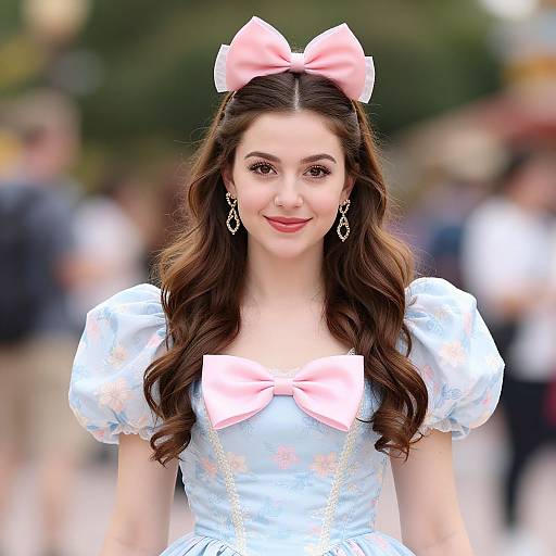 Photograph of a young woman with long brown hair, wearing a white, puffed-sleeve dress with pink bows, and a matching pink bow