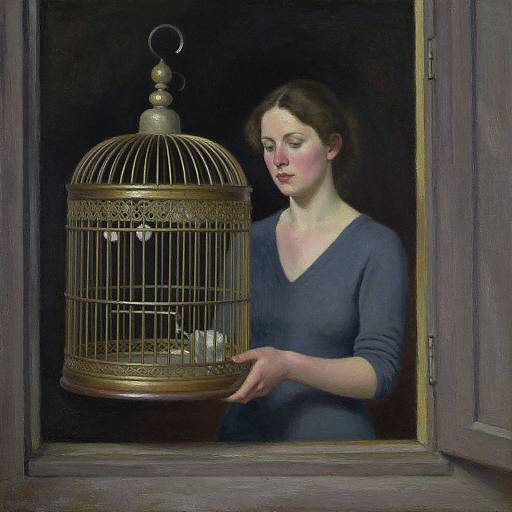 Painting of a pale-skinned woman with dark hair in a blue dress, gently holding a large ornate golden birdcage, standing in a