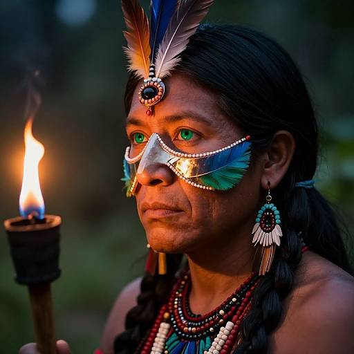 Photograph of a Native American woman with green eyes, feathered headdress, beaded mask, and earrings, holding a lit torch, against a