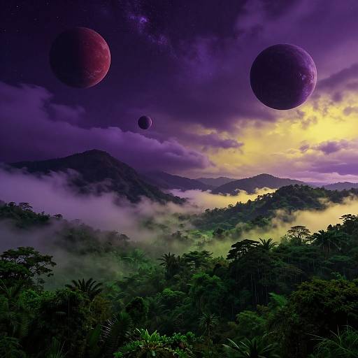 Digital art of a lush, foggy jungle at sunset, with three purple-tinged planets in a dramatic, cloud-filled sky.