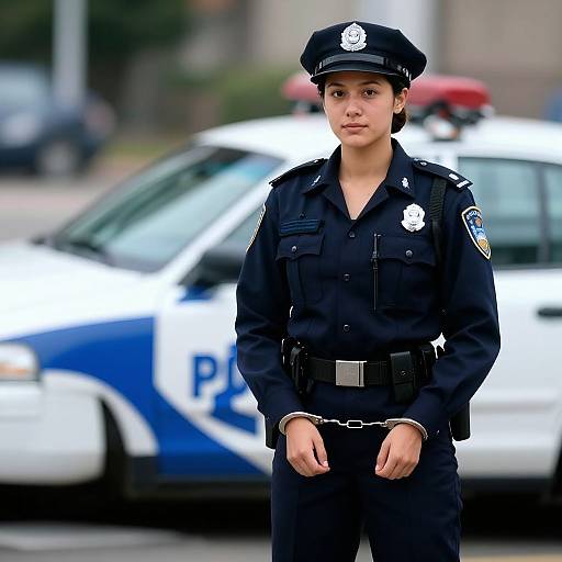 Photograph of a young Latina female police officer in a dark blue uniform standing in front of a white and blue police car.