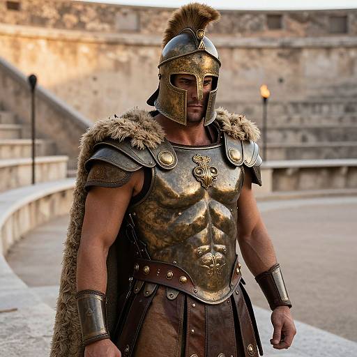 Photorealistic CGI of muscular ancient Greek warrior in bronze armor, fur cape, and helmet, standing in a sunlit, stone amphitheater.