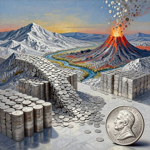 Digital artwork of a mountainous landscape with stacks of coins, a erupting volcano, and a US quarter featuring a profile.