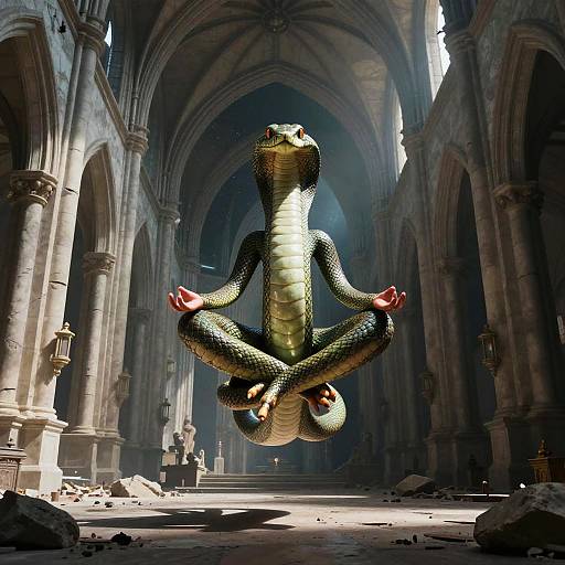 Serpent Humanoid Meditating in Ruined Cathedral