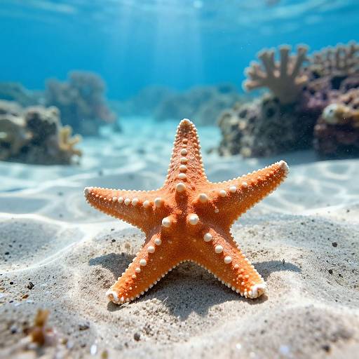 Photograph of an orange, five-armed starfish with white spots, resting on a sandy ocean floor, surrounded by coral reefs and underwater sunlight.