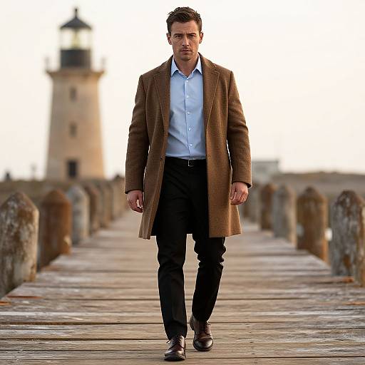 Photograph of a serious, fair-skinned man in a brown tweed coat, light blue shirt, black pants, and brown shoes walking on a