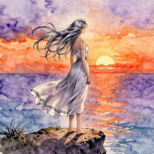 Digital watercolor painting of a woman with long, flowing gray hair in a white sundress, standing on a rocky cliff, watching an orange and purple