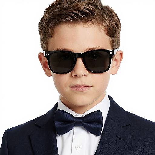 Photograph of a young, fair-skinned man with short brown hair, wearing black sunglasses, a black bow tie, white dress shirt, and black