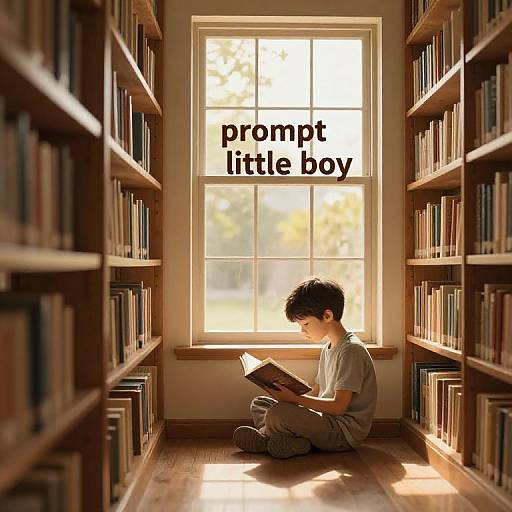 Boy Reading in Sunlit Library