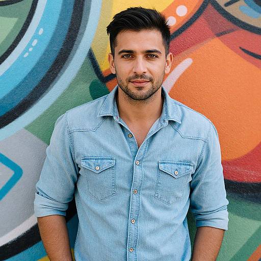 Photograph of a handsome, bearded man with dark hair, wearing a light blue denim shirt, standing in front of vibrant graffiti.