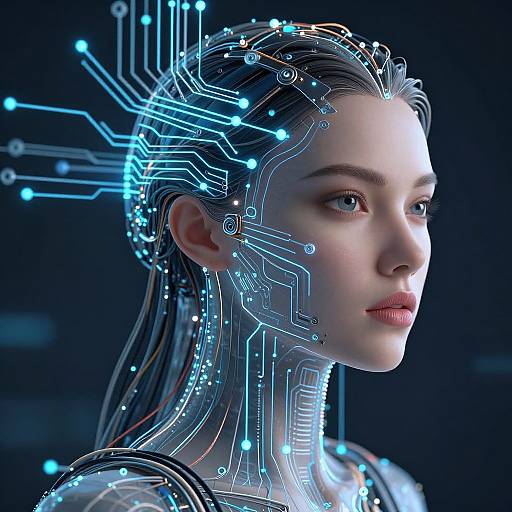 CGI image of a fair-skinned, blue-eyed woman with glowing, circuit-like patterns on her face and hair, set against a dark background.