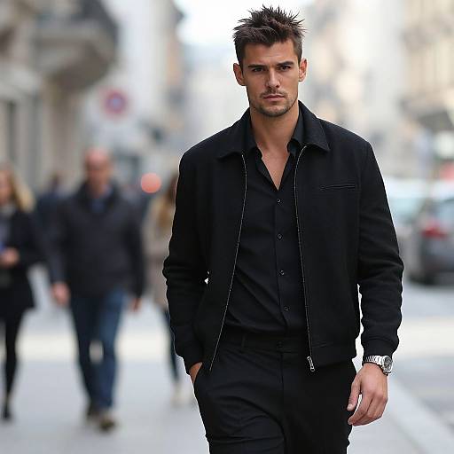 Photograph of a handsome, stern-faced man with spiked dark hair, wearing a black jacket and shirt, walking down a blurred city street with blurred pedestrians