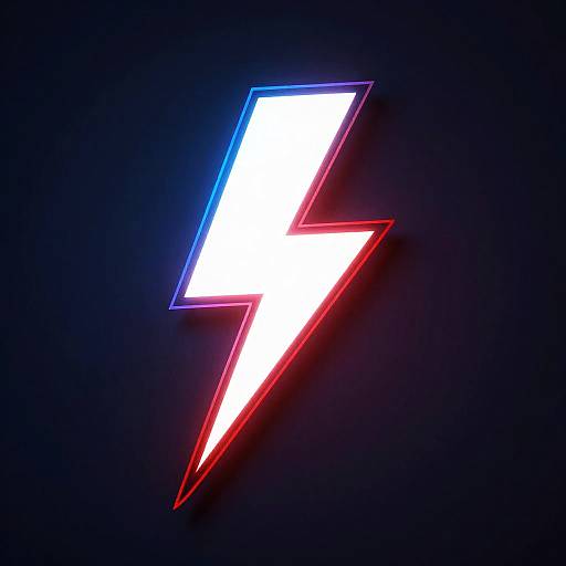 Neon lightning bolt graphic with a white center, blue top, and red bottom, set against a dark blue background.