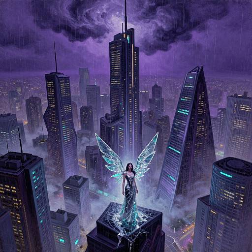 Digital artwork: Angel with glowing blue wings stands on a dark skyscraper rooftop, surrounded by illuminated, rain-soaked city skyscrapers under a storm