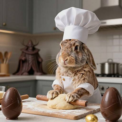 Photograph of a brown rabbit in a white chef hat and apron, rolling dough on a kitchen counter with chocolate eggs and utensils in the background