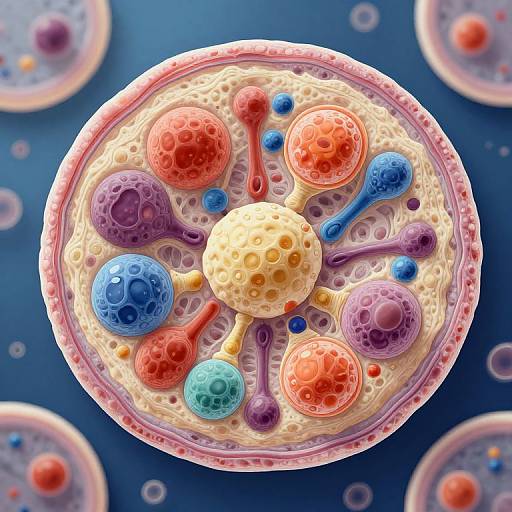 Digital illustration of a colorful, detailed cross-sectional view of a cell, showing vibrant red, blue, purple, and yellow organelles against a dark