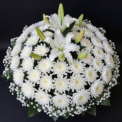 Photograph of a round bouquet featuring white chrysanthemums, lilies, and small white filler flowers against a black background.