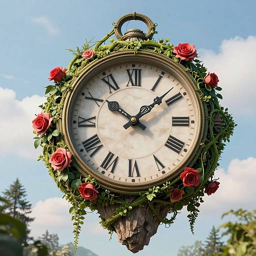 Photograph of a vintage-style clock adorned with red roses and green foliage, showing Roman numerals, hanging against a bright blue sky.