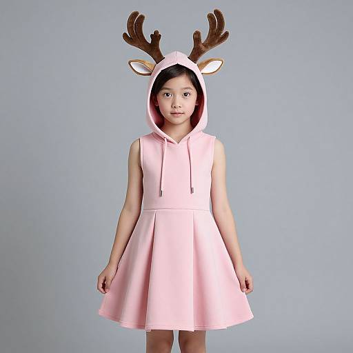 Photograph of an Asian girl with straight black hair, wearing a pink, sleeveless, hooded dress with deer antlers and ears. She stands
