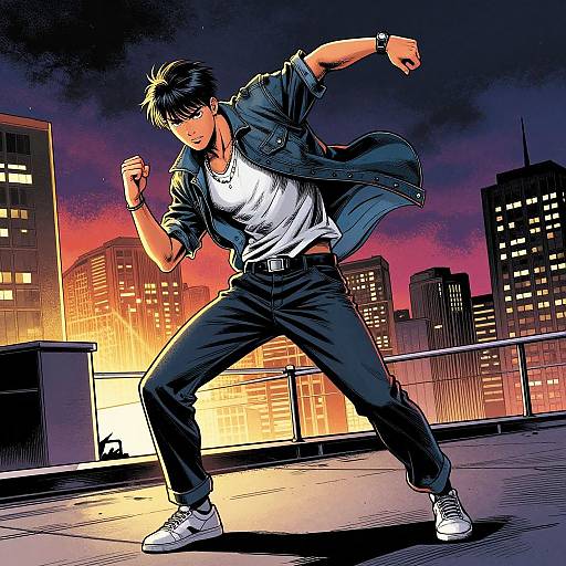 Digital comic-style drawing of a confident, black-haired man in a white shirt, black jeans, and denim jacket, fighting stance on a rooftop at sunset
