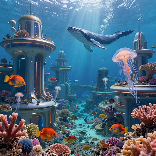 Futuristic Underwater City with Marine Life