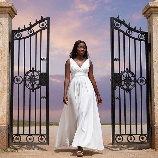 Photograph of a beautiful Black woman in a flowing white dress walking through ornate black iron gates against a pink and purple sunset sky.