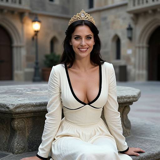 Photograph of a smiling woman with dark hair, wearing a golden tiara, deep V-neck white dress, and sitting on a stone bench in a