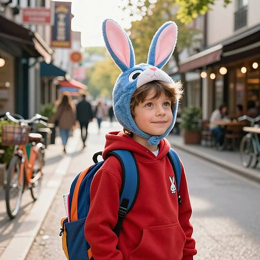 Curious Boy in Bunny Hat Urban Scene