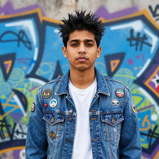 Photograph of a young man with spiky black hair, wearing a denim jacket with various pins, white t-shirt, standing in front of vibrant graffiti
