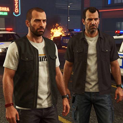 Photograph of two muscular, bearded men in black vests and white shirts, standing in a chaotic urban night scene with fire and police cars.