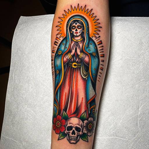 Vividly colored tattoo of a praying Virgin Mary with a halo above her head, wearing a blue and red robe, with a skull and flowers at