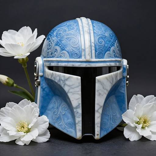 Photograph of a blue, marble-patterned Mandalorian helmet with white accents, surrounded by white flowers against a dark background.