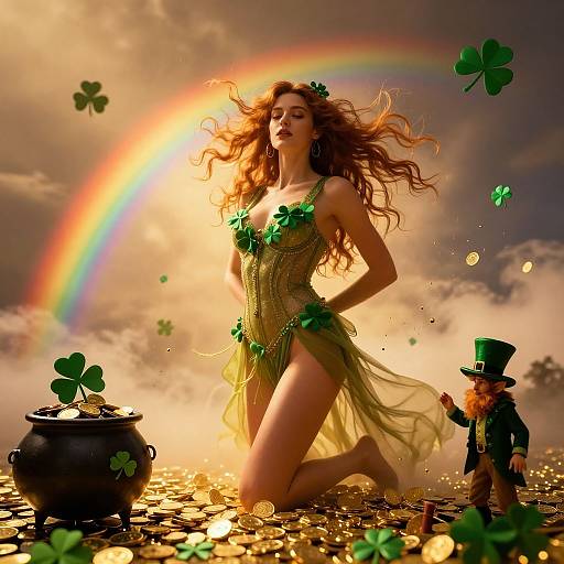 Photograph of a fair-skinned, red-haired woman in a green, leafy dress, kneeling amidst gold coins, rainbow, and leprecha