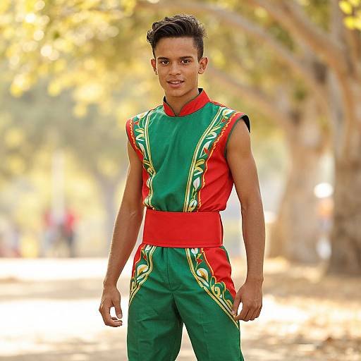 Photograph of a young, muscular man with short black hair, wearing a sleeveless green and red traditional outfit with yellow patterns, standing in a sun