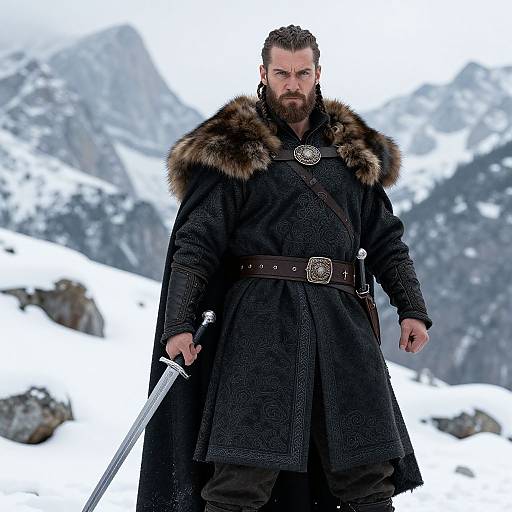 Medieval Warrior in Snowy Mountains