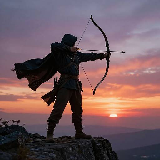 Silhouetted archer in medieval armor with hood, drawing bow on rocky cliff at sunset, vibrant orange and purple sky. Photographic image.
