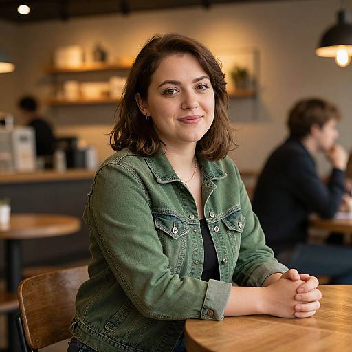 Photograph of a young woman with medium-length brown hair, green denim jacket, and subtle smile, sitting at a cozy café table, blurred background with