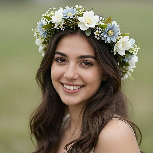 Photograph of a smiling young woman with long dark brown hair, wearing a white and blue flower crown, set against a blurred green field background.