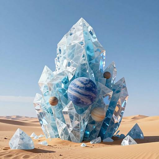 Photograph of a crystalline structure in a desert, featuring transparent blue ice crystals with embedded planets, set against a clear blue sky.