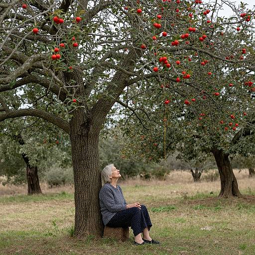 Photograph of an elderly woman with short gray hair, wearing a blue patterned dress and black shoes, sitting against an apple tree with red apples,