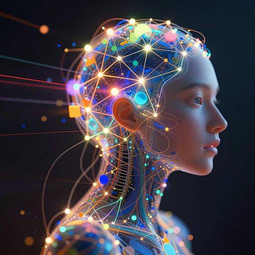 Digital art of a glowing, futuristic woman with colorful, interconnected lights on her head and neck against a dark background.