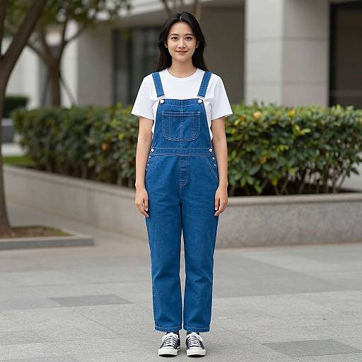Photograph of a young woman with long black hair, wearing a white t-shirt and blue denim overalls, standing on a city sidewalk with green bushes