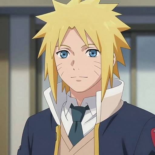 Anime-style digital drawing of blond, blue-eyed, spiky-haired male character with blue jacket, white collar, and black tie, smiling subtly.