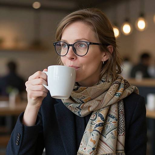 Photograph of a woman with brown hair, glasses, black coat, and patterned scarf, sipping from a white mug in a cozy, softly