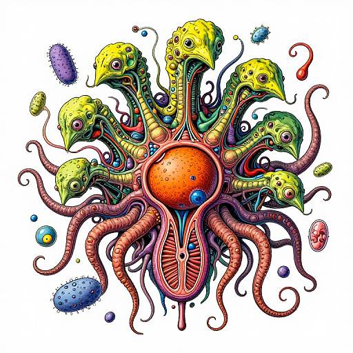 Vibrant, surreal digital artwork of a multi-headed, tentacled creature with colorful, spotted heads, an orange central eye, and various floating