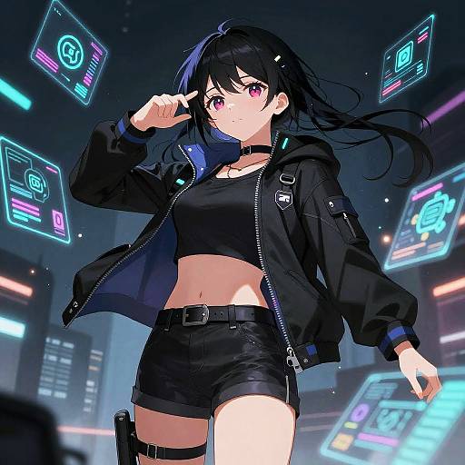 Digital anime-style drawing of a confident black-haired woman in a black crop top and shorts, neon-lit futuristic city background.