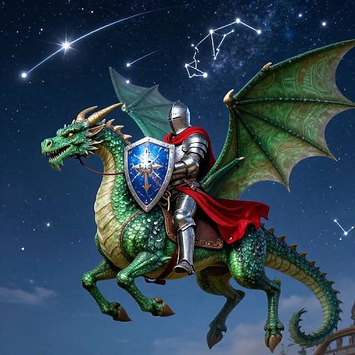 Digital art: Knight in silver armor and red cape riding a green dragon with wings, holding a glowing shield under a starry night sky with constellation.